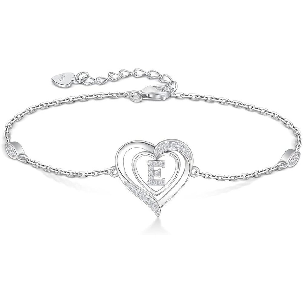 Heart Initial 925 Sterling Silver Letter Alphabet Jewelry - Letter E